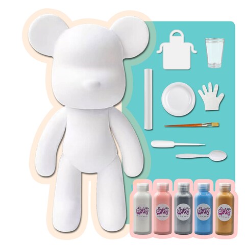 DIY CREATE YOUR OWN UNIQUE ACRYLIC FLUID POURING PAINT MONEY SAVING BEAR (13 inch - 33 cm) COMPLETE SET, Colors: White, Light-Pink, Silver, Light-Blue, Gold, Fun Creative Gift