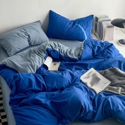 Luna Home-Premium Single Size Korean Reversible Bedding Set, Plain Grey and Blue Color.