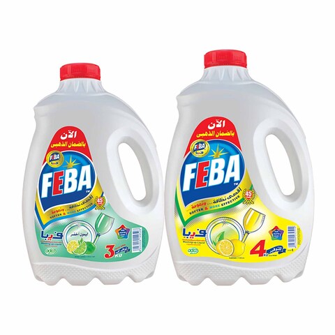 Feba Dishwashing Liquid, Lemon, 4 kg + Dishwashing Liquid, Green Lemon - 3 kg
