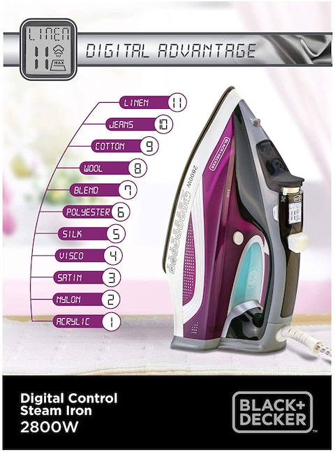Black &amp; Decker 2800W Digital Pre-Programmed Steam Iron, Anodized Sole Plate With Eco Mode, Multicolour - X2250-B5, 2 Years Warranty
