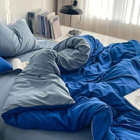 Luna Home-Premium Single Size Korean Reversible Bedding Set, Plain Grey and Blue Color.