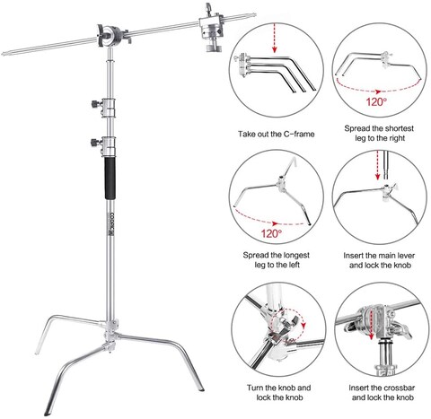 COOPIC C Stand Stainless Steel 330cm/10ft Max. Height Studio Photo Video 4 feet Holding Arm Grip with Turtle Base for Light Reflector (1 PACK)