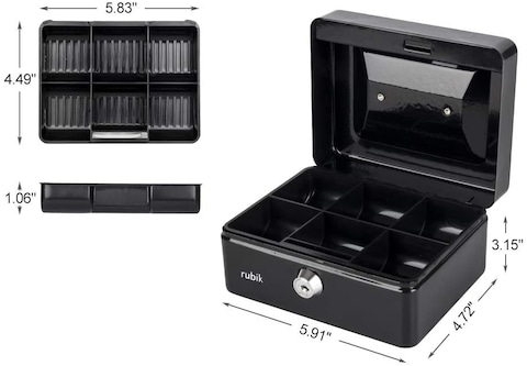 Small Cash Box Steel Register with Tray and Lock (15x12x7.5cm) Black