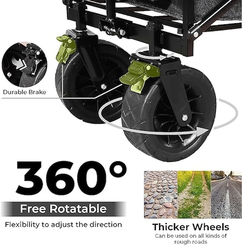 HEXAR&reg; Heavy Duty Shopping Trolley Folding Multi-Functional Portable Utility Wagon Beach Trolley Storage Basket Outdoor Camping Garden Cart with Adjustable Handle (ALL TERRAIN WIDE WHEELS - BLACK)