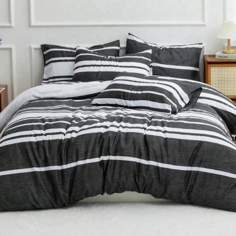 Luna Home Queen Size 6 Pieces, Black Stripe Design Bedding Set