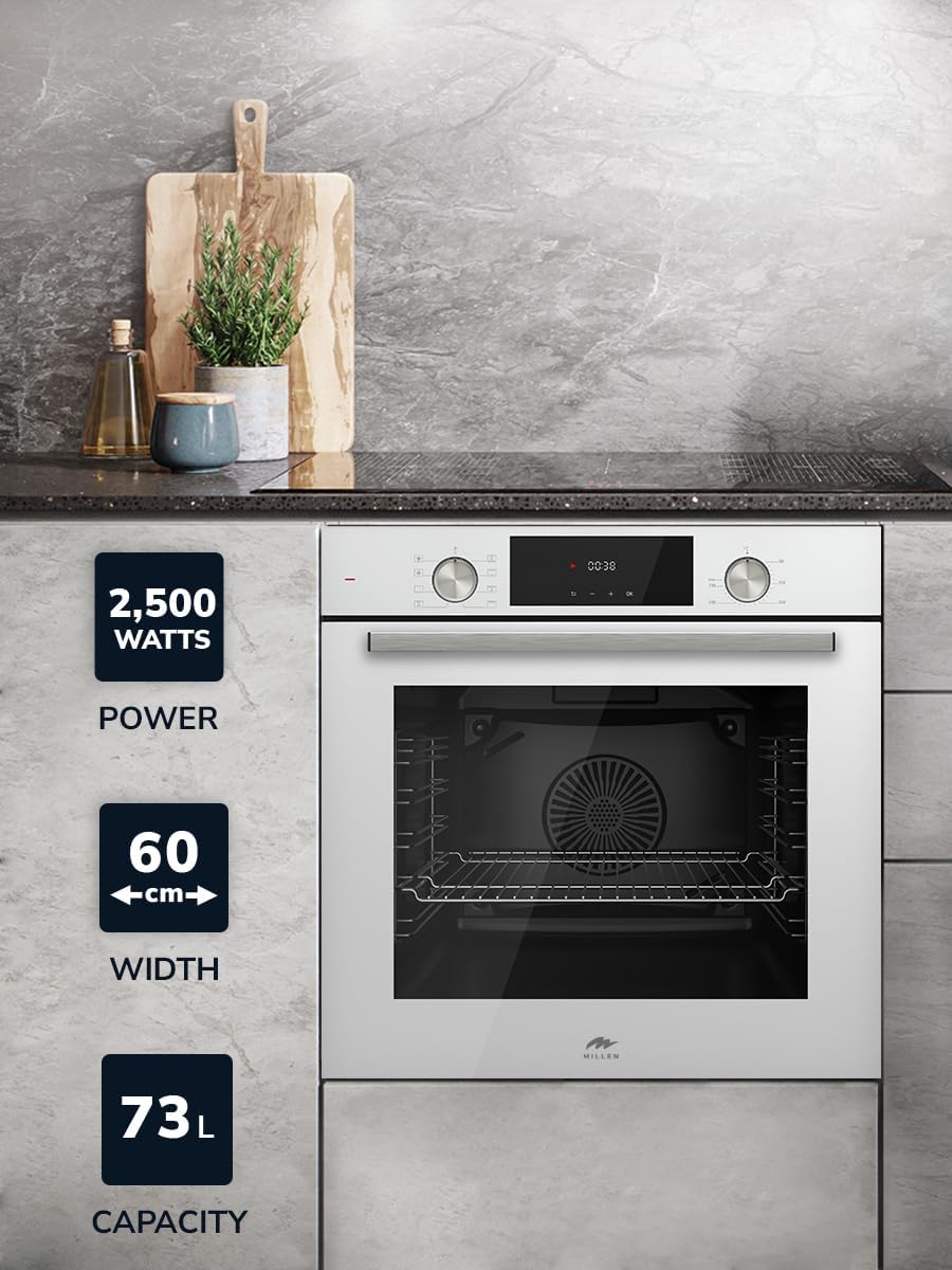 MILLEN MEO 6002 WH 73L Electric Oven - Energy Class A, 8 Cooking Modes, 60 cm, SCHOTT Double Glass Door, Glass finish, Mechanical and Touch Control with Timer, 3 Year Warranty