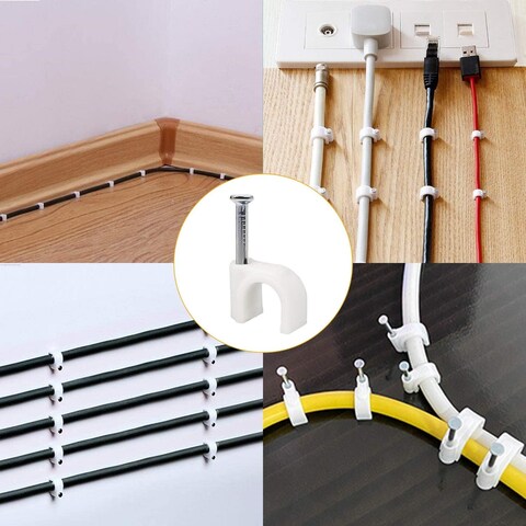 AL ARQAM 8mm Cable Clips - 100 Pcs, White - Secure Cord Clips with Steel Nails for Round Cables, Indoor &amp; Outdoor Use
