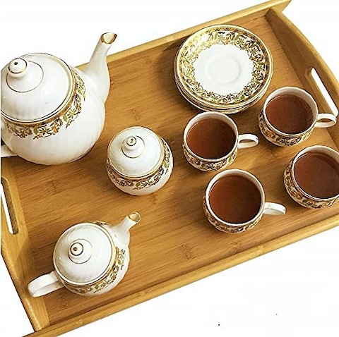 Single Wooden Solid Bamboo Serving Tray with Handles - Bed, Breakfast, Tea Serving Lap Tray - (43 * 30.5 * 4cm)