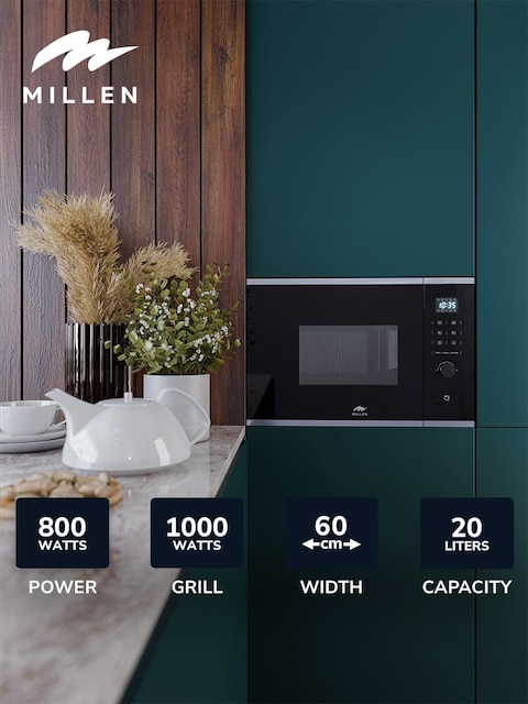 MILLEN Microwave Oven, 20L, 3 Y Warranty, Glass Finish, Touchscreen &amp; Knob Controls, 800W Microwave Power, 1000W Grill Power, 8 Automatic Programs, MBW 381 IX