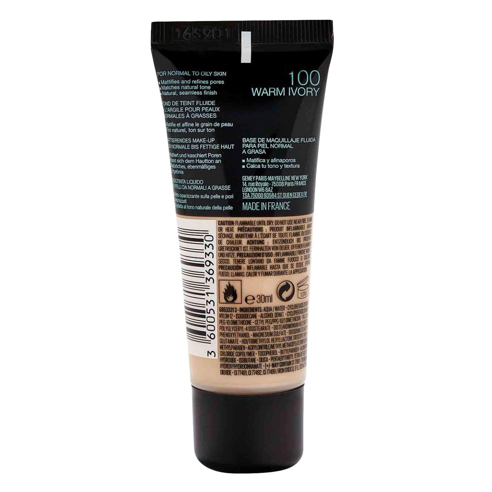 Maybelline Fit Me Matte + Poreless Foundation 100 Warm Ivory Light Ivory Liquid Foundation Matte Finish Pore Minimizing Long Lasting product thumbnail 2