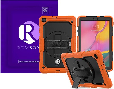Remson Samsung Galaxy Tab A 10.1&quot; T510 Heavy Duty Shockproof Full Body Rugged Protection Cover With 360 Rotating Kickstand/Shoulder Strap (Orange)