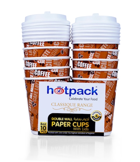 اشتري Hotpack Double Wall Paper Cup With Lid 8 Ounce - 10 Pieces في الامارات