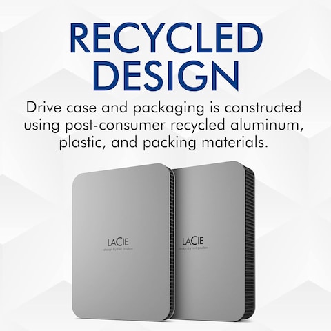 LaCie Mobile Drive 1TB External Hard Drive Portable HDD - Moon Silver, USB-C 3.2, for PC and Mac, Post-Consumer Recycled, with Adobe All Apps Plan and Rescue Services (STLP1000400)