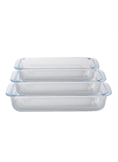 Royalford 3-Piece Borosilicate Rectangular Glass Baking Tray Set Clear 1/2.2/3L