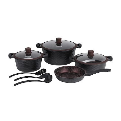Royalford Die-Cast Cookware Set With Durable Granite Coating, Rf10336, 10 Pcs Cookware, Tempered Glass Lid, Heavy-Duty Bakelite Handles, Compatible With Multiple Hob