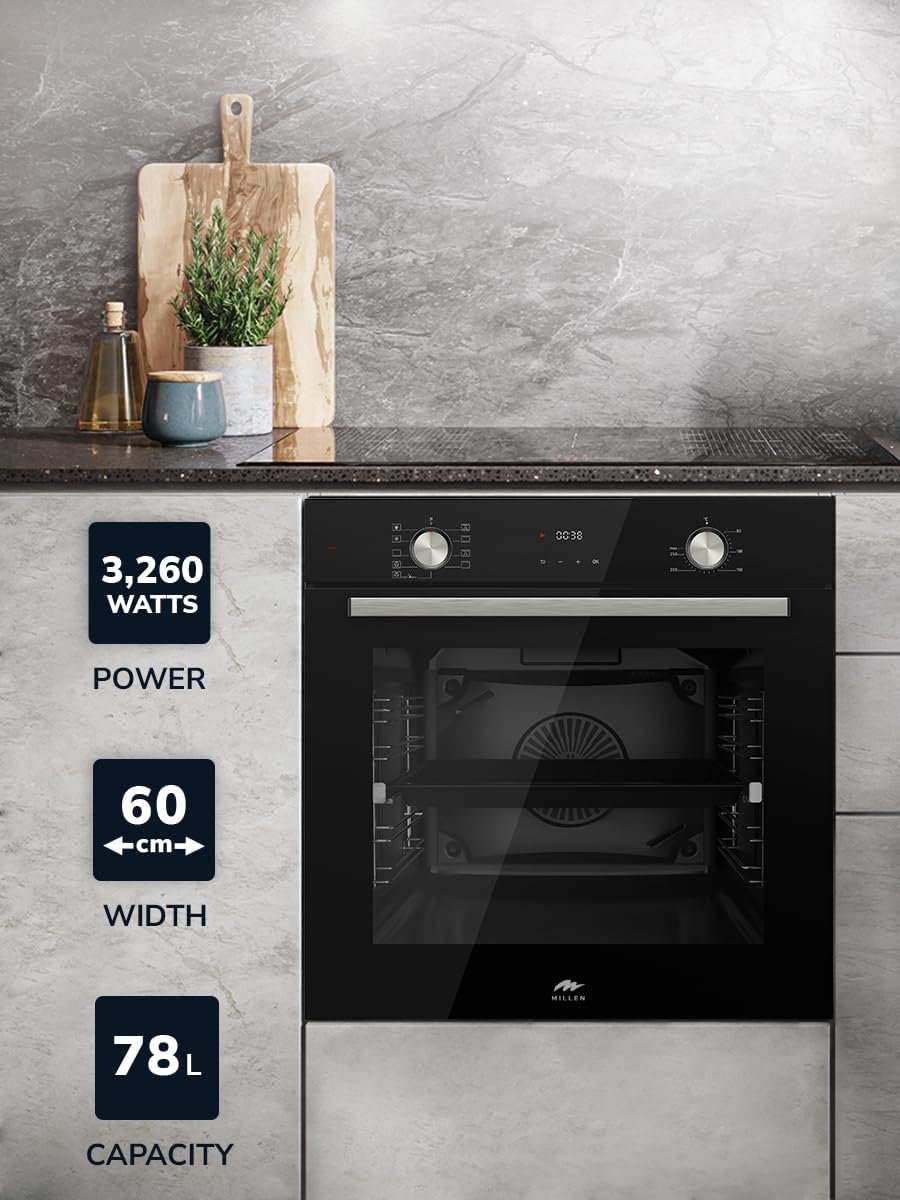 MILLEN MEO 6003 BL 78L Electric Oven - Energy Class A, 9 Cooking Modes, 60 cm, SCHOTT Double Glass Door, Glass finish, Mechanical and Touch Control with Timer, 3 Year Warranty