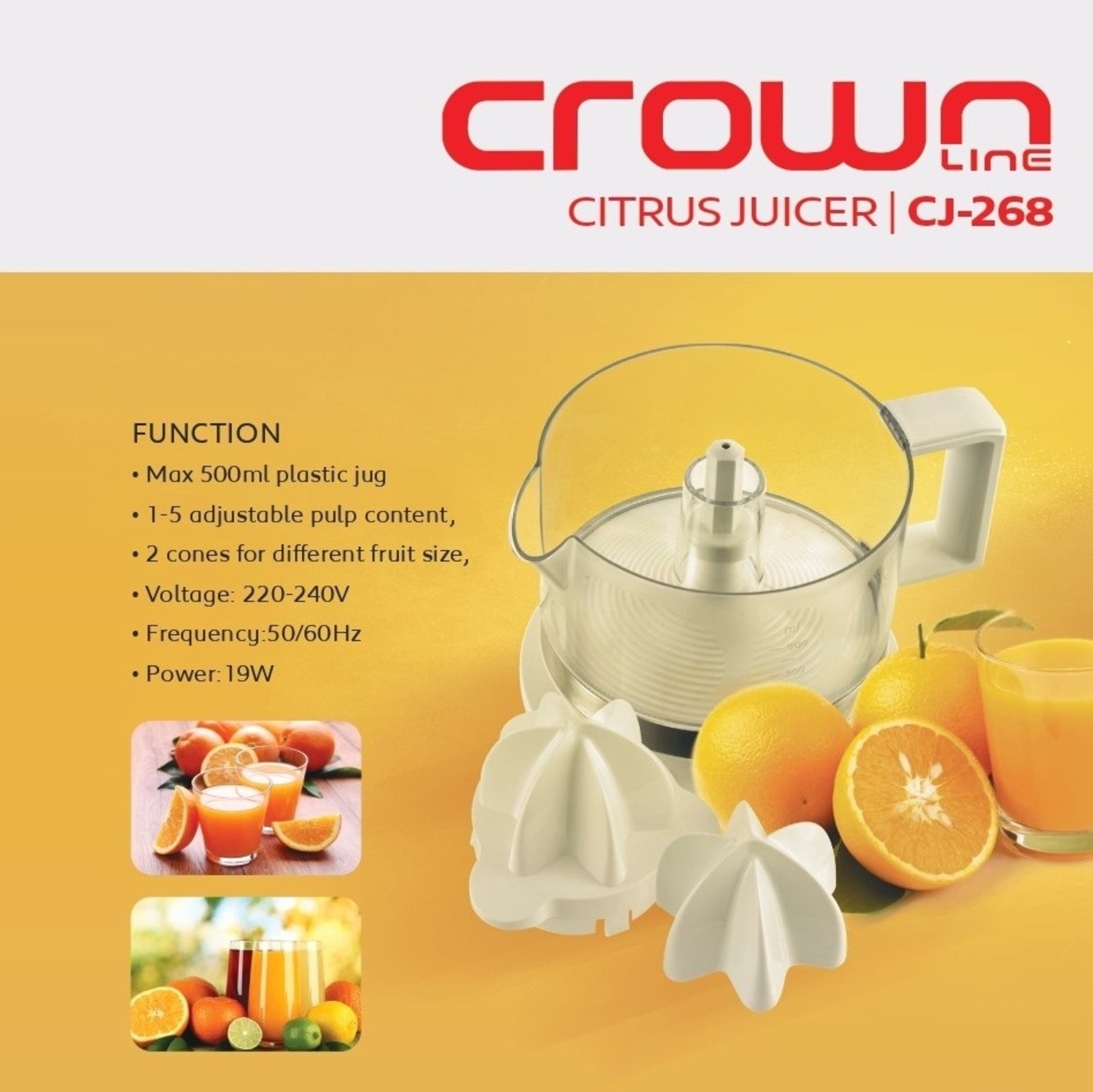 Crownline CJ-268 Citrus Juicer, Capacity: 500 ml jug, 2 juicer cones, 220-240V, 50/60 Hz, Power: 19W