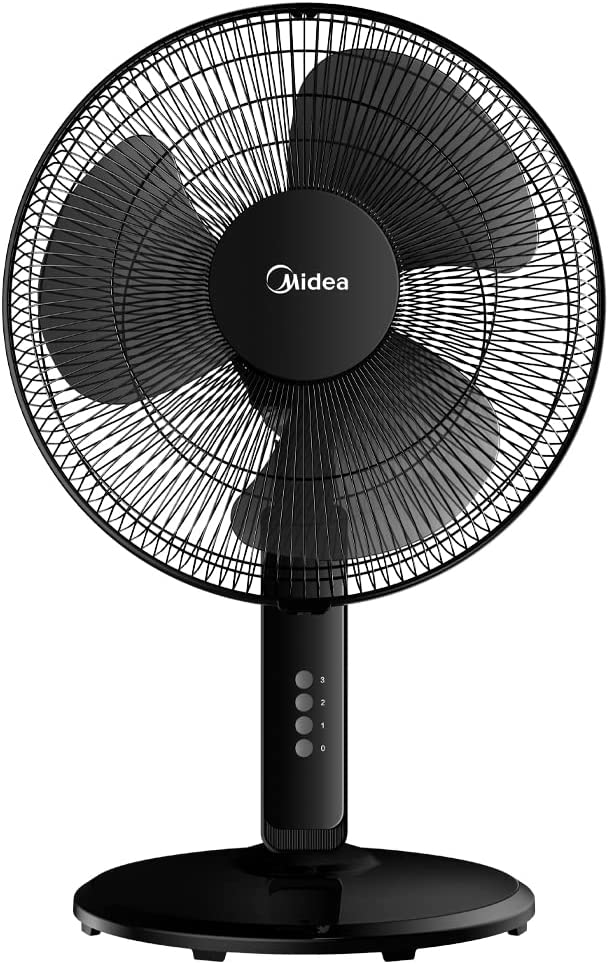 Midea Pedestal Stand Fan With SQD Motor, 16 Inch, 3D Oscillation Directions, 3 Speed Levels &amp; Adjustable Height, 5 Leaf Blade With 7.5 Hours Timer, Best For Home &amp; Office, Black, FS4019K