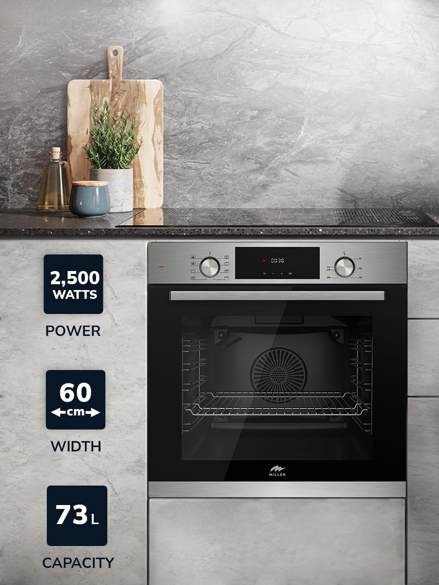 MILLEN MEO 6002 IX 73L Electric Oven - Energy Class A, 8 Cooking Modes, 60 cm, SCHOTT Double Glass Door, Glass finish, Mechanical and Touch Control with Timer, 3 Year Warranty