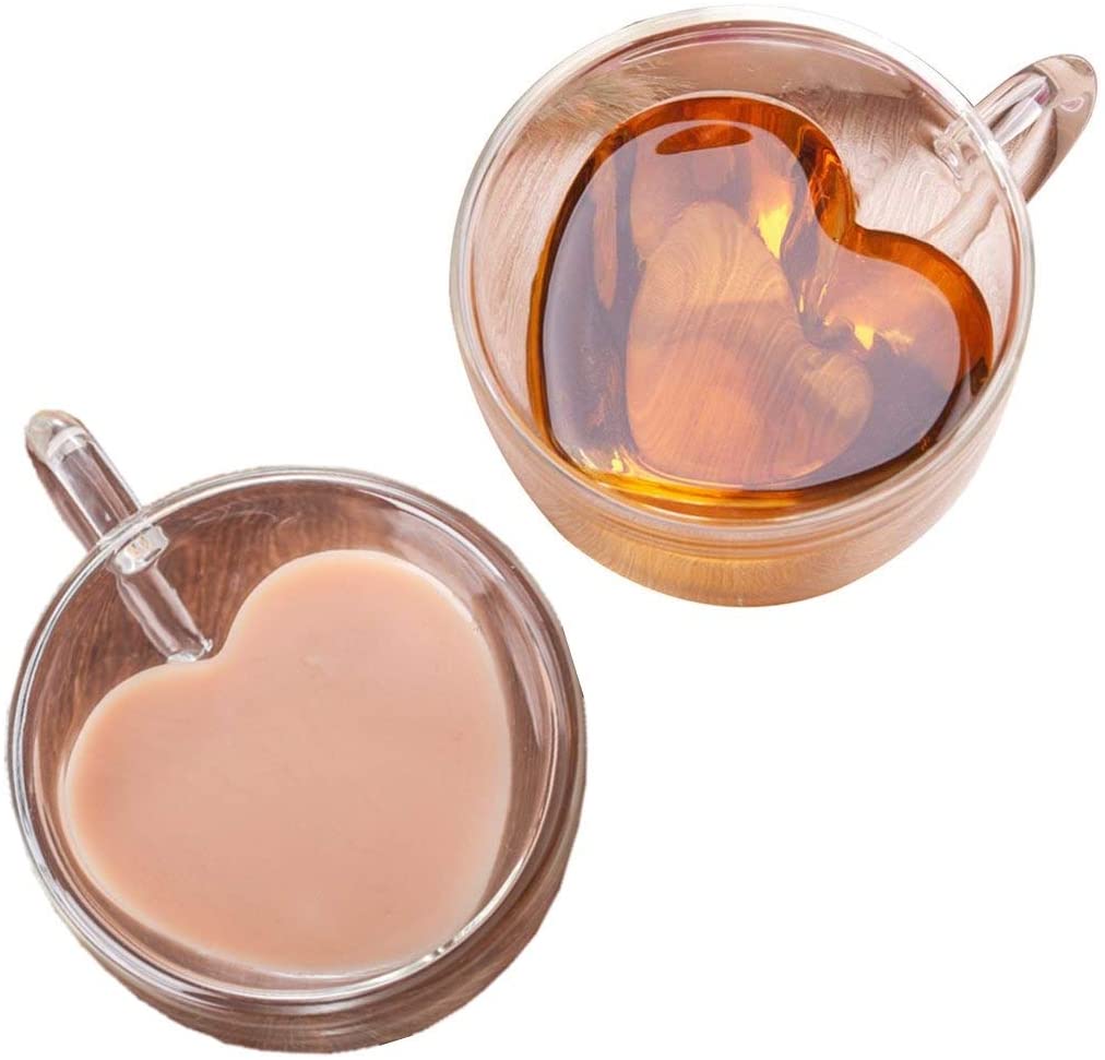 لاش طقم من 2 اكواب قهوة او شاي زجاجية مزدوجة الجدار معزولة على شكل قلب، سعة 200 مل