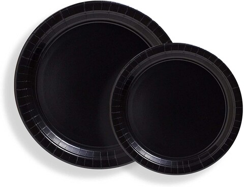 Party Time 12-Pieces Serves 6, Disposable Black Party Set of 9&quot; Paper Plates &amp; 7&quot; Paper Plates For Black Theme Birthday Party Tableware Set for Wedding, Baby Shower, Birthday Party Supplies