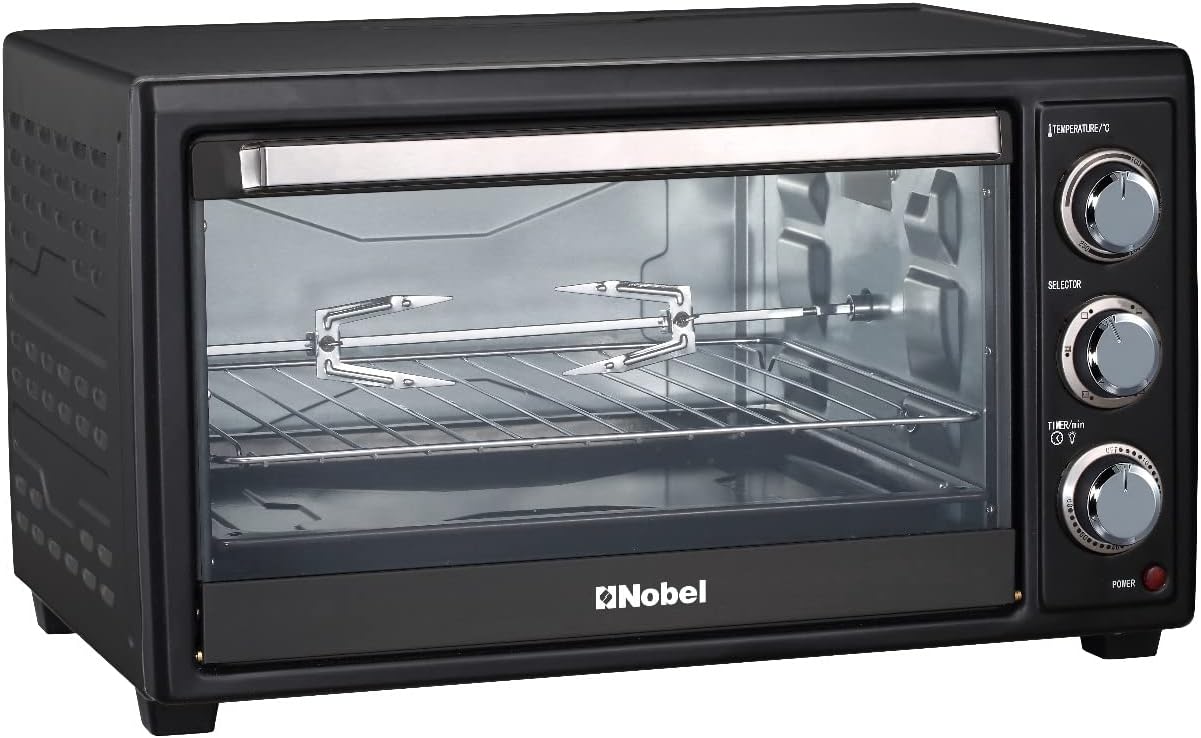 Nobel 35 Litres Electric Oven With 3 Knob Control &amp; 60 Minutes Timer With Bell, Rotisserie &amp; Inner Lamp, Heat Resistant Tempered Glass 1500W NEO36 Black