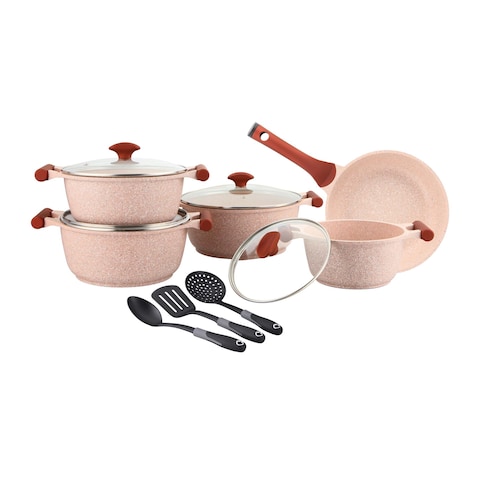 Prestige Essentials Granite Non-Stick Cookware Set Pink And Black 12 PCS