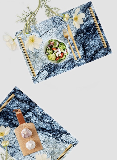 Lowha Decorative Acrylic Serving Tray With Gold Metal Handles And Marble Ink Design 20x30 cm