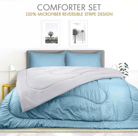 Hotel Linen Klub Reversible Down Alternative Comforter Set, Ultra Soft Brushed Stripe Microfiber Fabric, 200GSM Soft Fibersheet Filling, Size: King 240 x 260cm, Aqua &amp; Light Grey