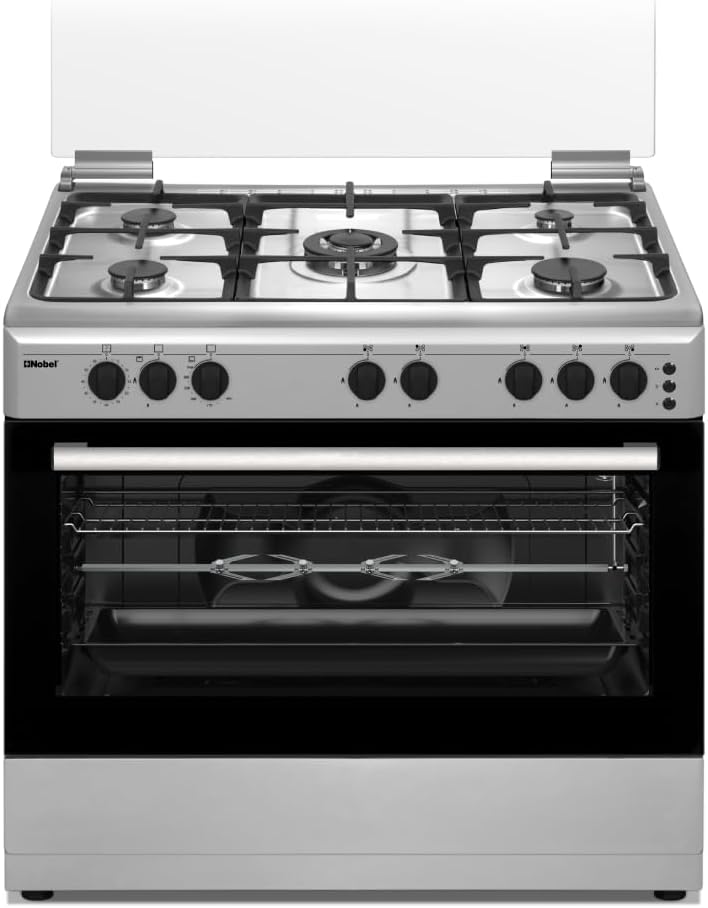 Nobel 90 x 60 Gas Cooker, 5 Gas Burner, Gas Oven &amp; Gas Grill, 8 Knob, Button Ignition, Glass Lid, 90 Min Mechanical Timer, FFD Protection, Made In Turkey NGC9699 Silver