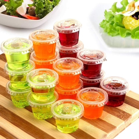 Markq [100 Pack] 1 oz. Clear Plastic Disposable Portion Cups with Lids - Available in 2oz, 4oz- Condiment cups, Sauce and Dip Container