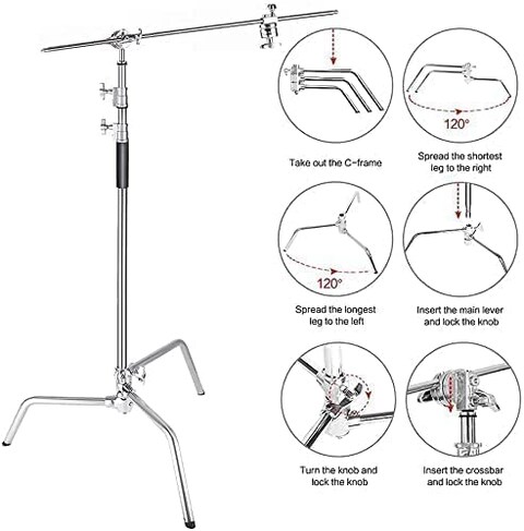 COOPIC C Stand with 3 Pcs Wheel Stainless Steel 336cm/10.8ft Max Height, 4 feet Holding Arm Grip and Turtle Base for Studio Light Reflector With (C Stand Carry Bag)