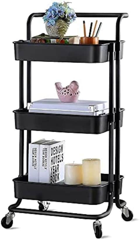 Orchid 3-Tier Multiuse Kitchen Organizer Rack Storage Trolleys Removable Storage Tower Rack Bathroom Shelf with Wheels and armrest Slim Rolling Storage Rack | Rolling Cart with Wheels Handle (Black)