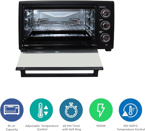 Nobel 35 Litres Electric Oven With 3 Knob Control &amp; 60 Minutes Timer With Bell, Rotisserie &amp; Inner Lamp, Heat Resistant Tempered Glass 1500W NEO36 Black