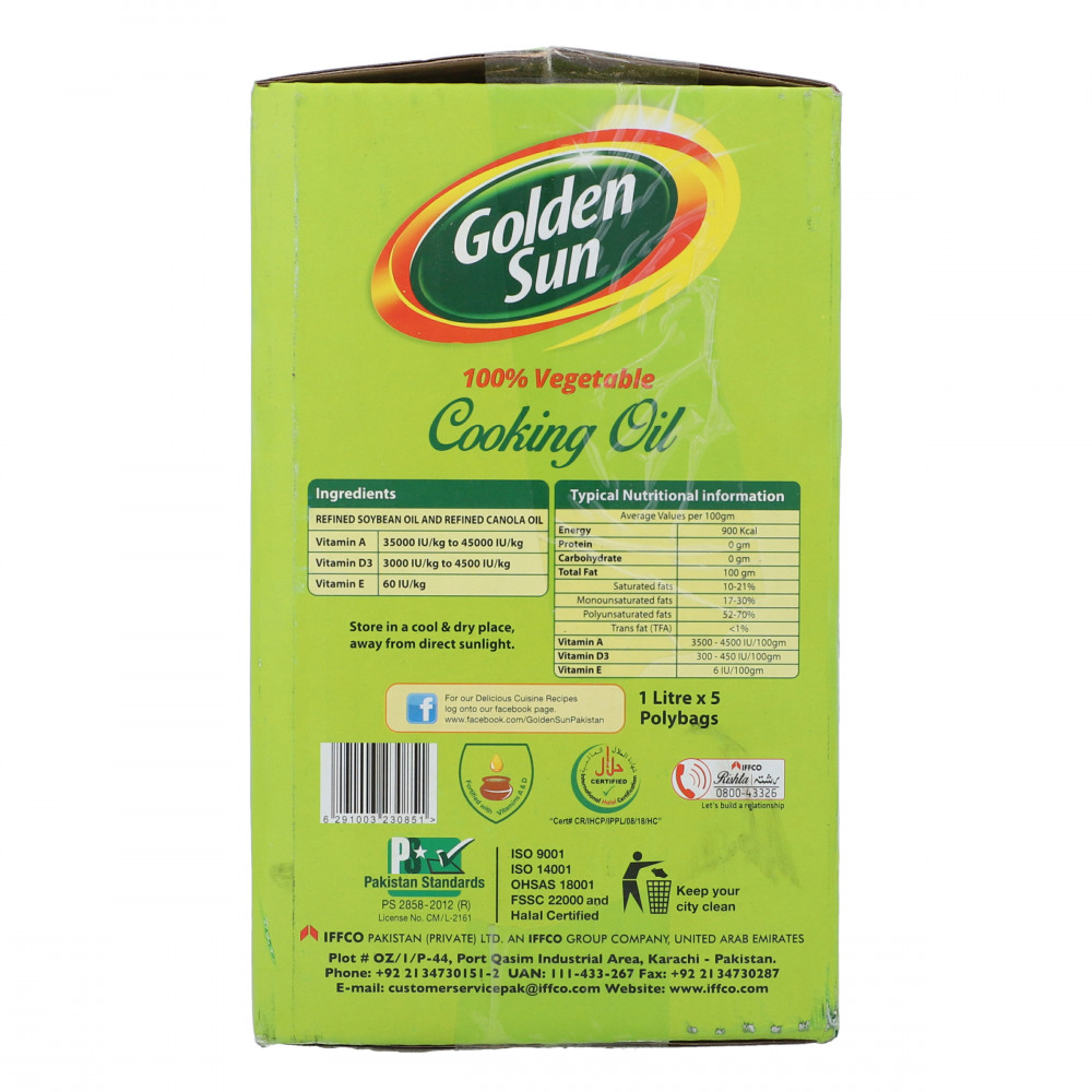 Golden Sun 100 Percent Vegetable Cooking Oil 1 lt (Pack of 5)