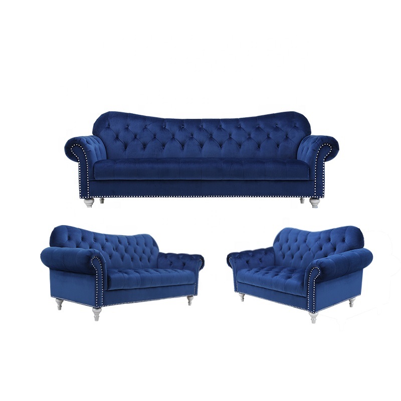 luxury blue velvet button tufted sofa modern living room furniture navy blue tufted 3+2+1 seat fabric chesterfield sofa