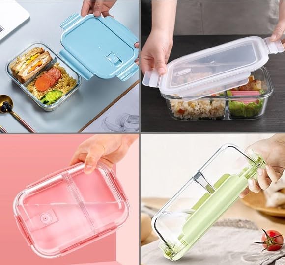Atraux 2 Compartments Airtight Glass Food Storage Containers, Meal Prep Lunchboxes With Pink Lids - 1000ml (Pack Of 6)