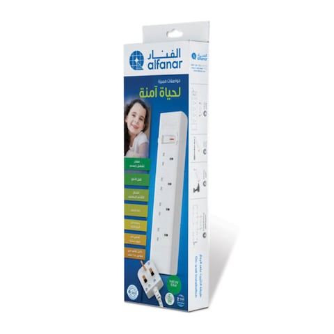 Buy Alfanar extension cord, 4 sockets, 5 meters cable, 13 ampere, white in Saudi Arabia