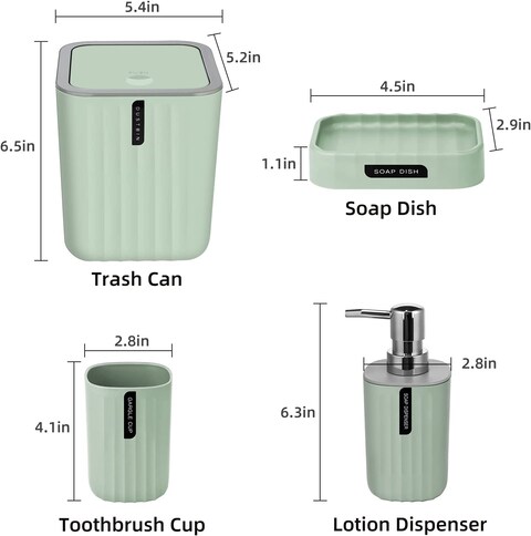 Generic Bathroom Accessory Set - 4 Piece Grey Bathroom Accessories Set With Trash Can, Soap Dish, Soap Dispenser, Toothbrush Cup, Bathroom Decor Sets With Desktop Small Trash Can - Green Stripe