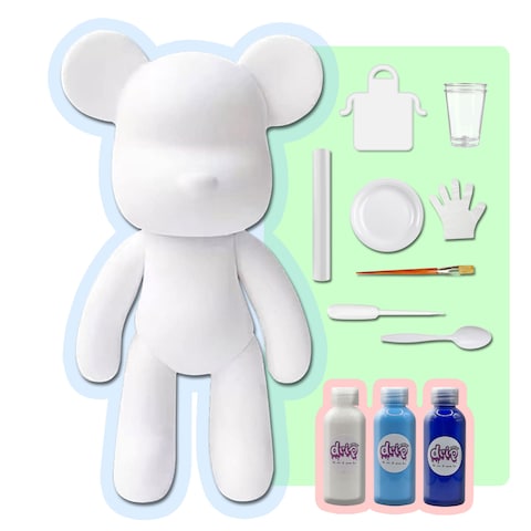 DIY CREATE YOUR OWN UNIQUE ACRYLIC FLUID POURING PAINT BEAR (9 inch - 23 cm) COMPLETE SET, colors: White, Light-Blue, Dark-Blue. Arts and Crafts, Customize Handmade Creative Birthday Gift