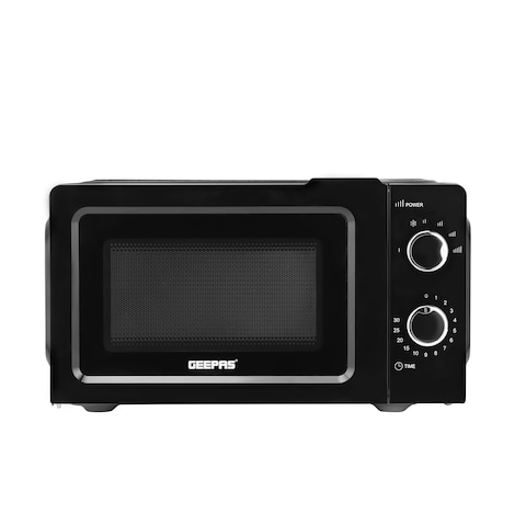 Geepas 20 L Microwave Oven, Easy Reheating, Fast Defrosting, Multiple Power Levels, Digital Display, Cooking End Signal With Timer Switch, Chrome Knobs For Durability, 1100 W, GMO1899-BL, Black