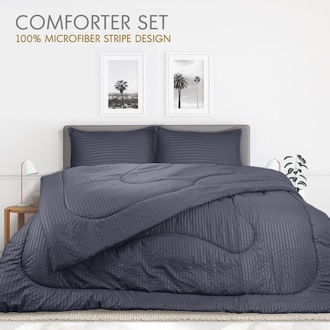 Hotel Linen Klub Down Alternative Comforter Set -Ultra Soft Brushed Stripe Microfiber Fabric, 200GSM Soft Fibersheet Filling, Size: Double 220 x 240cm, Color: Dark Grey