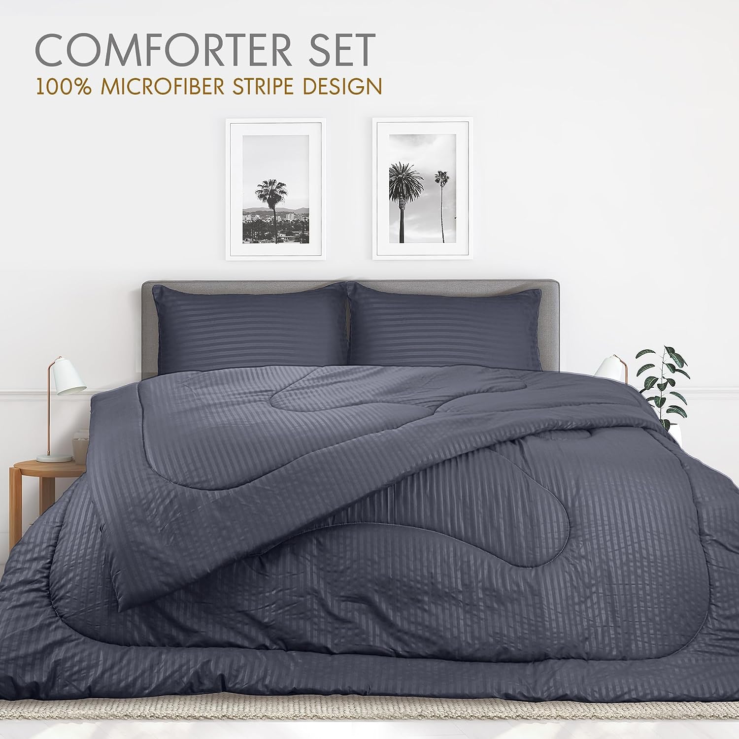 Hotel Linen Klub Down Alternative Comforter Set -Ultra Soft Brushed Stripe Microfiber Fabric, 200GSM Soft Fibersheet Filling, Size: Double 220 x 240cm, Color: Dark Grey