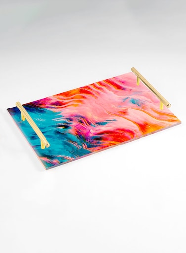 Lowha Decorative Acrylic Serving Tray With Gold Metal Handles And Pixels Watercolor Design 20x30 cm