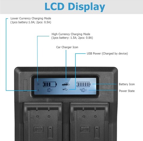 DMK Power DC-01 Dual LCD Battery Charger Compatible with Fujifilm NP-T125 and Fuji GFX 50S, GFX 50R, GFX 100, and VG-GFX1 Grip