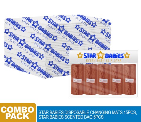 Star Babies Combo Pack (15pcs Dispsosable Changing Mats + 5pcs Scented Bags)