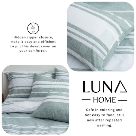 Luna Home Single Size 4 Pieces Green Stripe Design Duvet Cover Set