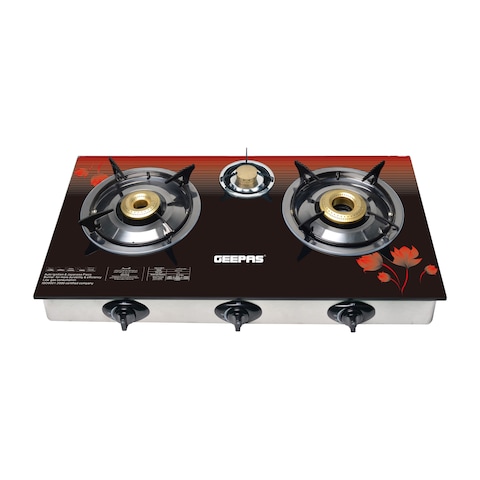Geepas GGC31012 3-Burner Gas Cooker Size 70mm, 40mm &amp; 90mm Respectively, Ergonomic Design, Automatic Ignition, 3 Heating Zones, Stainless Steel Frame &amp; Tray, 2 Years Warranty