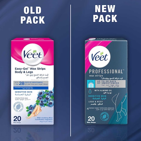 Veet Professional Hair Removal Easy-Gel Legs &amp; Body Wax Strips With Almond Oil For Sensitive Skin Perfect Finish Wipes With Argan Oil Up To 28 Days Of Smoothness, 20 Wax Strips