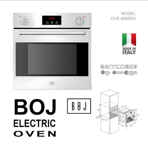BOJ 60cm Built In Fully Electric Multifunctional Oven, OVE-6560EX Total Power 2300W, A Class Energy Efficiency, Internal Lighting, Made In Italy - 1 Year Manufacturer Warranty